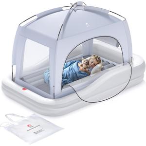 QPAU Inflatable Toddler Travel Bed with Tent, Baby Crib Tent, Portable Kids Air Mattress with Safety Bumpers, Ideal for Home, Grandma's, Camping, Traveling (Grey), 66.9 inches x 47.2 inches x 13.3"