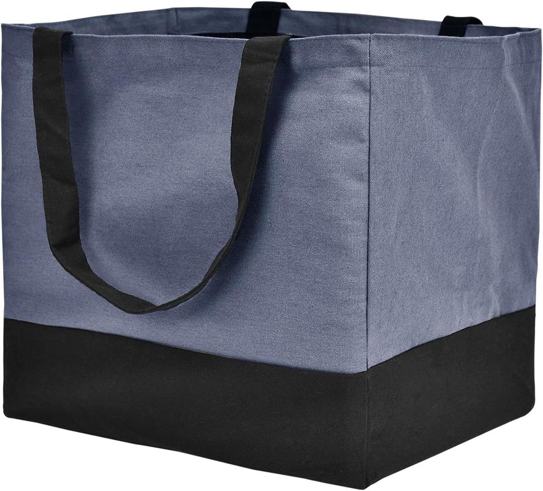 Canvas Reusable Grocery Bags Heavy Duty, 8.3 gal Foldable Large Canvas Tote Bag with Handles, Holds 60 lbs Canvas Shopping Bags & Washable Eco-friendly Bags with 5 Pockets, Blue+Black 1 Bags