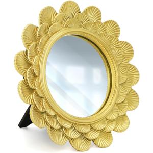 Eorbow 6.5" Vintage Vanity Makeup Desk Mirror, Small Gold Round Mirror for Table, Antique Scallop Edged Wall Mirror Decorative for Living Room Bedroom Dressing Tabletop
