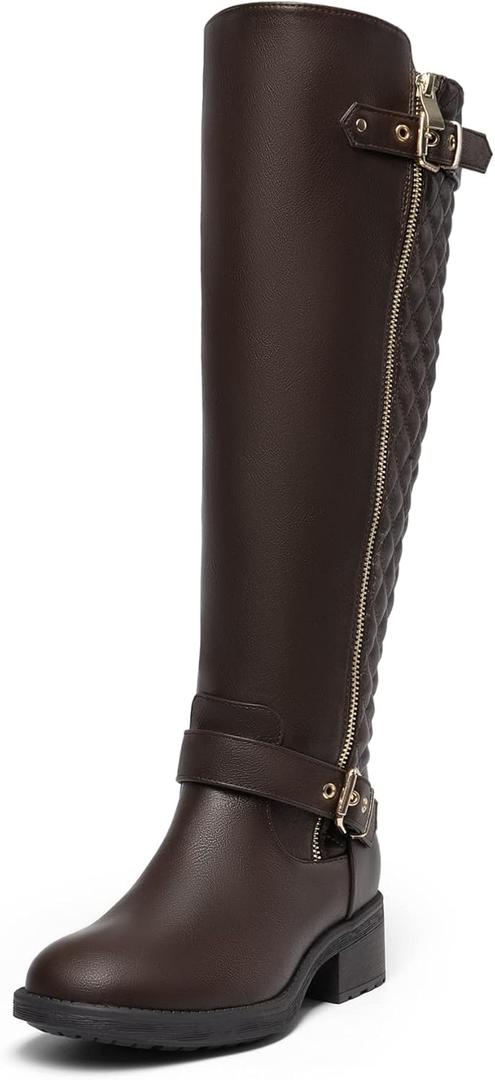 DREAM PAIRS Women's Knee High Boots Low Block Heel Riding Boots Round Toe Side Zipper Biker Motorcycle Buckle Boots (8, Brown)