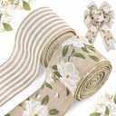 2 Rolls 20 Yards Magnolia Flower Wired Edge Ribbon Spring Flowers Striped Rustic Burlap Ribbon for Wreaths DIY Crafts Gift Wrapping Party Decoration Supplies