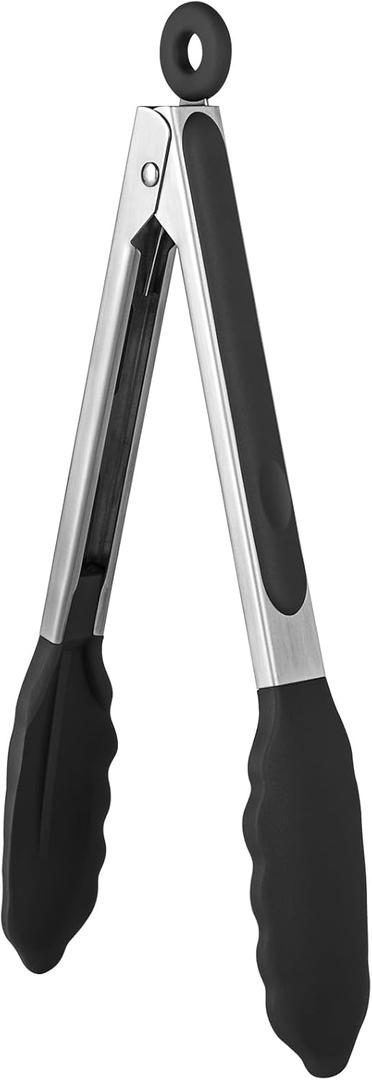 600F Heat Resistant Kitchen Tongs: U-Taste 9 inch Silicone Cooking Tong with Firm Sealed Non Stick Rubber Tips & Silicon Coated 18/8 Stainless Steel Handle & Smooth Locking for Serving Salad (Black)
