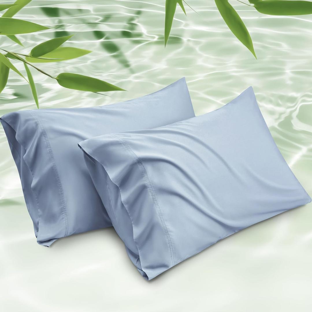 Bedsure Pillow Cases Queen, Cooling Pillow Cases, Rayon Derived from Bamboo Light Blue Pillowcases Queen Size Set of 2, PureWoven Silky Soft Bedding Pillow Covers with Envelope Closure, 20x30 Inches