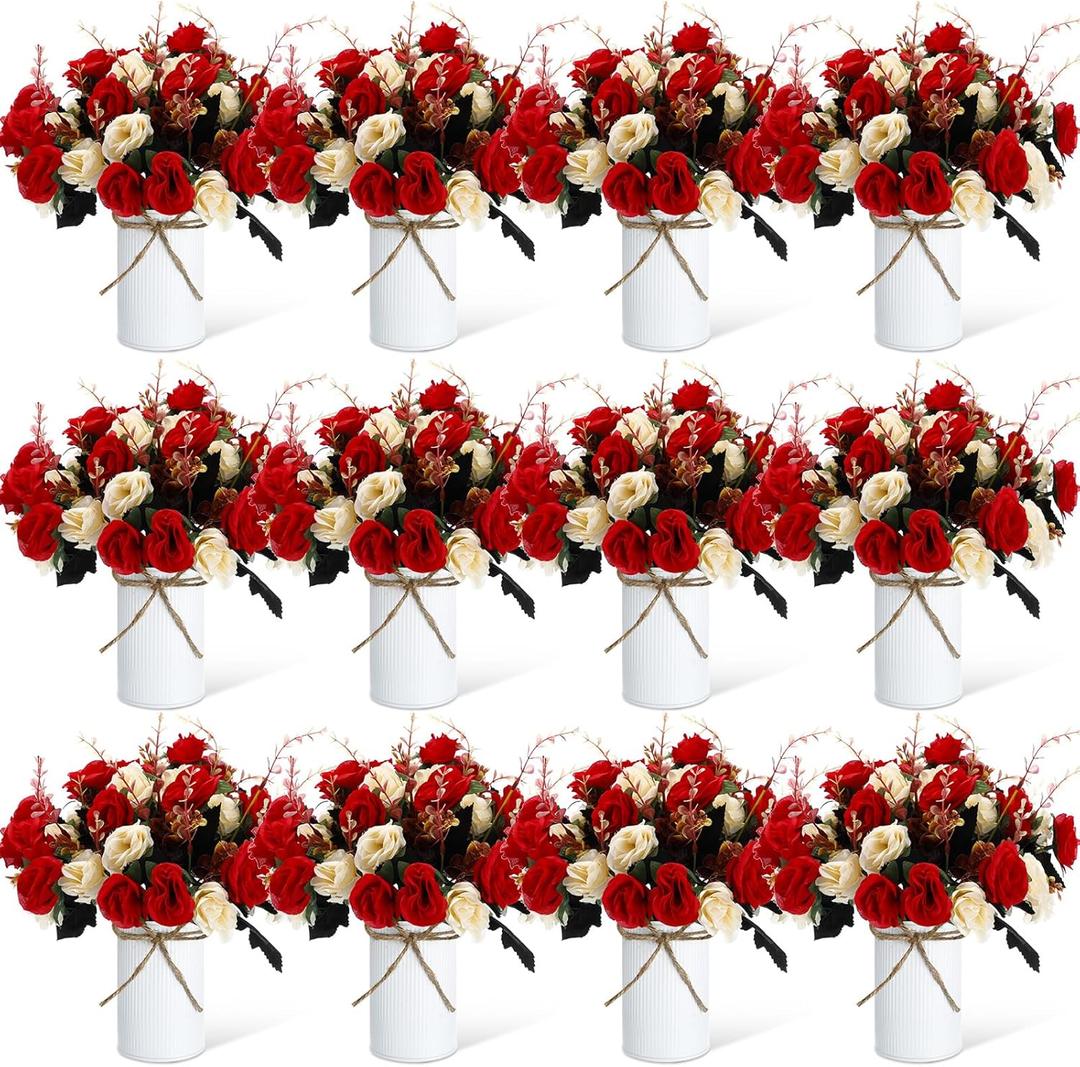 Domensi 12 Sets Wedding Centerpiece for Table Artificial Rose with Vase Fake Bouquets and Metal Pot Floral Arrangements for Mother's Day Holiday Party Event Table Decor (Red,Champagne)