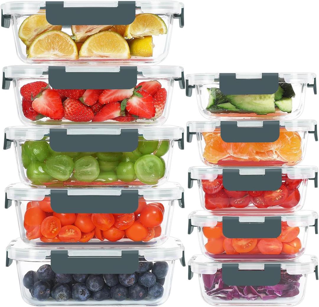 KOMUEE 10 Pack Glass Food Storage Containers, Meal Prep Containers with Lids, Airtight Glass Lunch Boxes, Freezer, Oven, and Microwave Safe (Gray)
