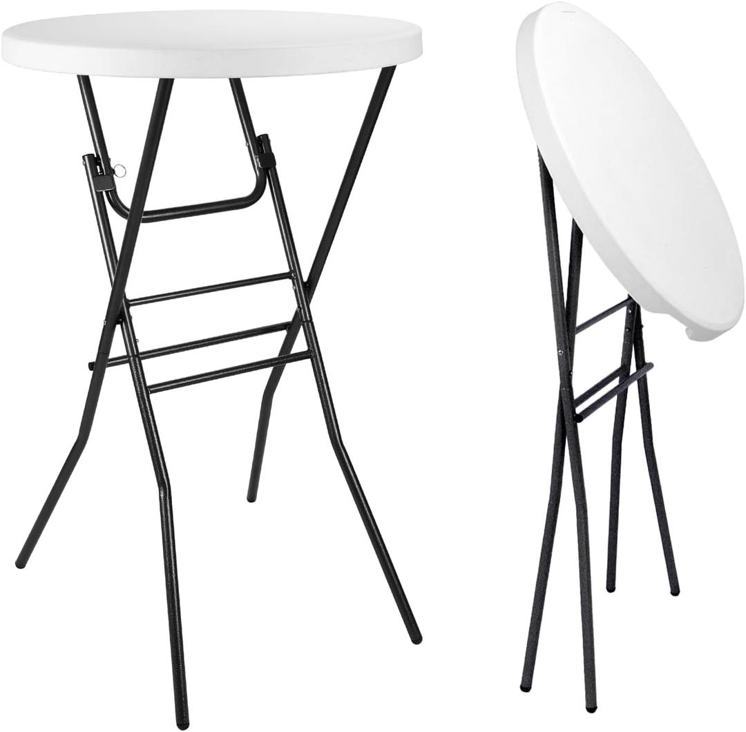 pollilar Cocktail Table 28in Portable Folding Bar Height Table, Compact Round High Top Plastic & Steel Bistro with Removable Legs, for Indoor Outdoor RV Patio Catering Parties Commercial Events-White