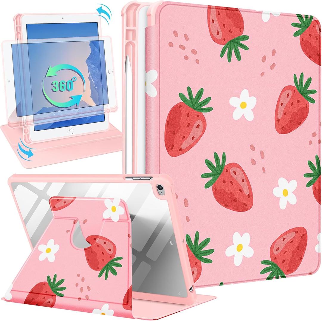 Kidcube for iPad 5th/6th Generation Case, for iPad Air 1st/2nd Gen, for iPad Pro 9.7 Inch Case Women Girls Cute Folio Cover with Pencil Holder Girly Strawberry Design Rotating Stand Cases 2018/2017