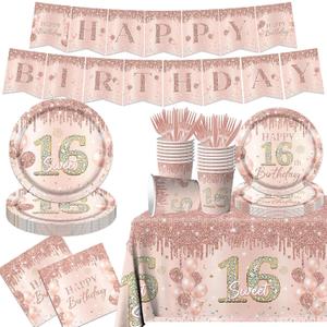 Sweet 16 Party Decorations Tableware,142pcs Rose Gold 16th Birthday Decorations for Girls Sweet 16 Plates and Napkins Tablecloth for Sweet Sixteen Decorations