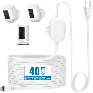 Weatherproof Power Cord for Ring Outdoor Cam Plus/Ring Spotlight Cam Plus/Pro (Battery), 40Ft USB-C Flat Outdoor Charging Cable Continuously Power Your Camera, White