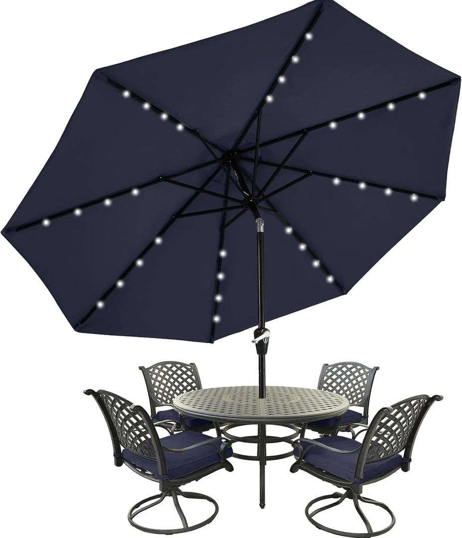 MASTERCANOPY Patio Umbrella with 32 Solar LED Lights -8 Ribs (11ft,Navy Blue)