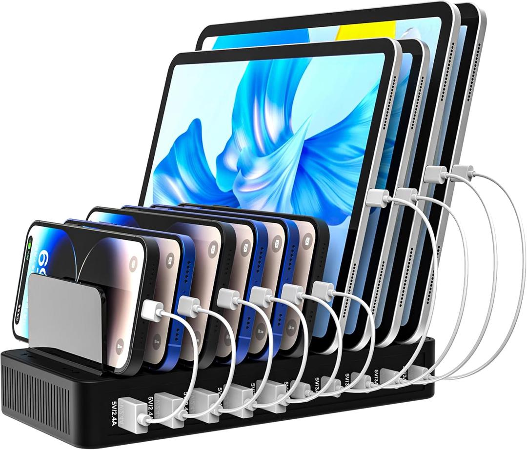 100W 10-Port Smart Charging Station | 5 USB-A & 5 USB-C Ports | Organized Design for Cellphones, Tablets, Watches & More (Black)