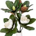 2PCS 33.5inch Artificial Magnolia Flowers with Green Magnolia Leaves and Fruit 3D Real Touch 2 Heads Long Stem Faux Magnolias Flower for Home Wedding Table Office Floral Arrangement Decoration (White)