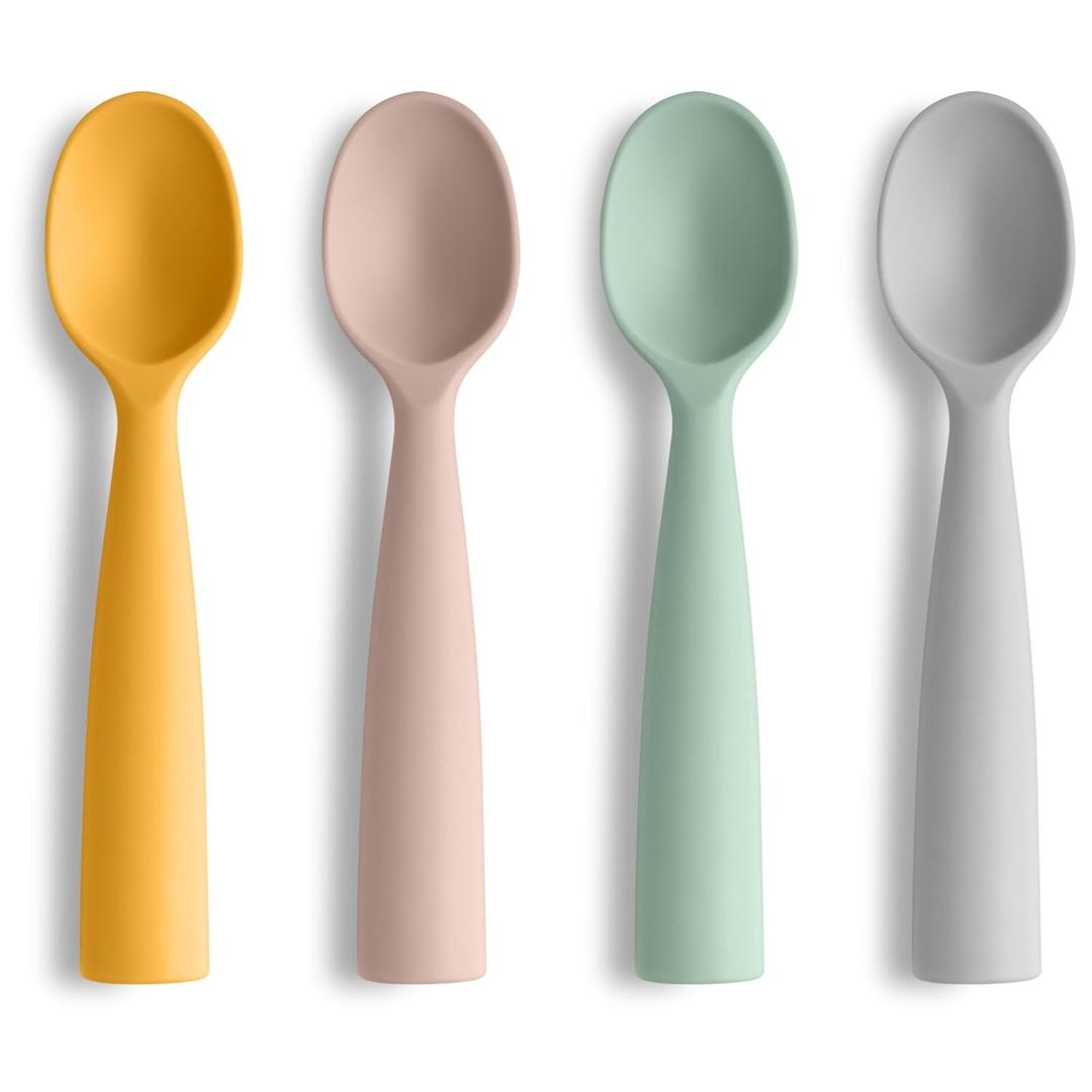 Vicloon Silicone Baby Feeding Spoons - 4 PCS First Stage for Infants, Ultra-Durable & Chewproof, Dishwasher Safe Baby Utensils (Gray Green Pink)
