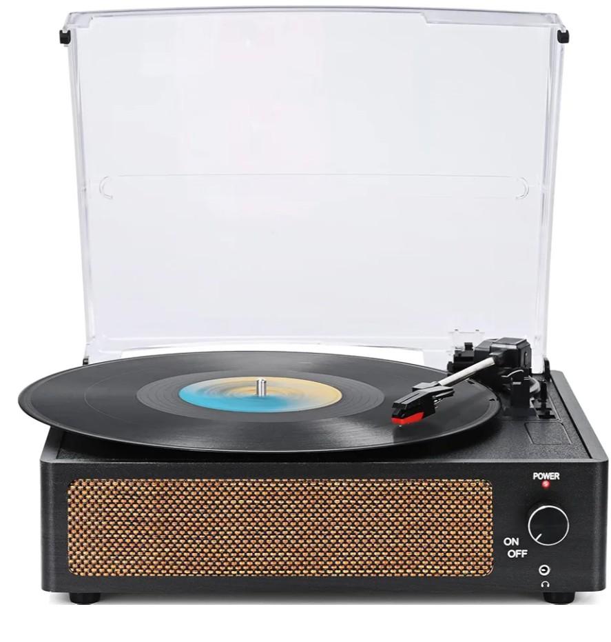Vinyl Record Players Vintage Turntable with Speakers Belt-Driven Turn Tables Support 3-Speed, Bluetooth Wireless Playback, Headphone, AUX-in, RCA Line LP Phonograph Auto Stop Retro Black