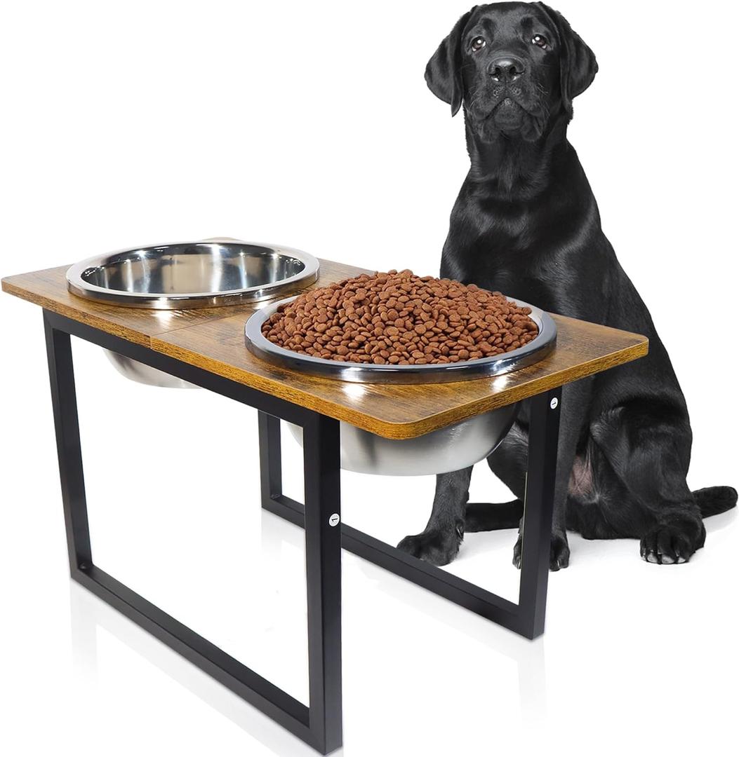 Elevated Dog Bowls for Large & Extra Large Breed Dogs - Raised Dog Feeding Station with Two Stainless Steel Bowls - Helps to Reduce Strain on Dogs Neck & Joints - 3500 ML Capacity (Rustic Brown)