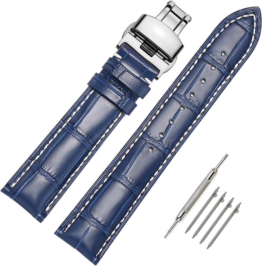 Moran Quick Release Leather Watch Bands Deployment Butterfly Buckle 18mm 20mm 22mm 24mm Blue Black Brown Calfskin Replacement Watch Strap for Men & Women
