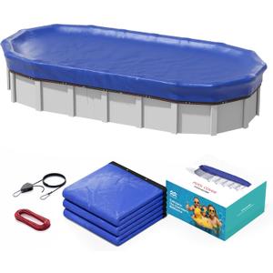 POOLHACKER 12x24 FT Oval Pool Cover  420D Extra Thick Winter Pool Cover for Above Ground Pools, 4 Ft Overlap with Pulley & Cable, Cold-Resistant, Tear-Resistant & Dustproof (BLUE)