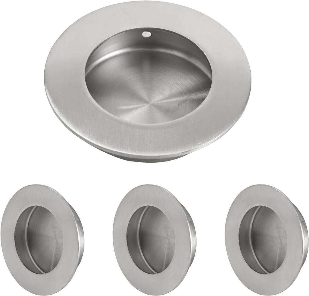 HOMOTEK 4 Pack Round Sliding Closet Door Handles Diameter 2-1/2 in(65mm) Brushed Stainless Steel Flush Pocket Pulls Recessed Bypass Door Handles, Stainless Steel Barn Door Finger Pull Set