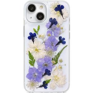 Abbery for iPhone 13/14/15 Clear Case with Flower Design Cute Real Dried Pressed Blue Purple White Floral Soft TPU Aesthetic Shockproof Slim Protective Phone Cover for Women Girl's (Navy Flower)