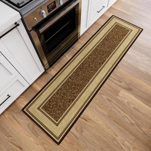 Ottomanson Non-Slip Border Rug with Rubber Backing | Border Non-Slip Bathroom Mat, Ultra-Thin Indoor Entryway Rug, Stain Resistant Carpet for Bedroom Laundry Room, 1'10" x 6', Border Dark Brown