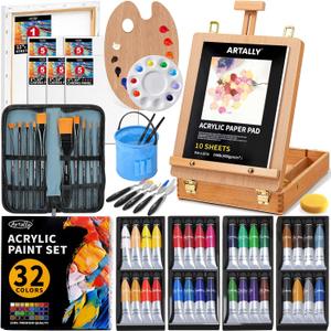 66-Piece Acrylic Painting Kit with Desktop Easel,32 Colors Acrylic Paint Set(22ML), Paint Brush Set & Case, Brush Basin, Complete Art Supplies Painting Set for Adults, Artists, Beginners