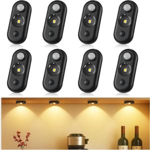 8 Pack LED Motion Sensor Puck Lights, Small Rechargeable Under Cabinet Lights, Dimmable Warm White Closet Lights, Wireless Under Cabinet Lighting for Drawers and Kitchens, 8-Pack Black