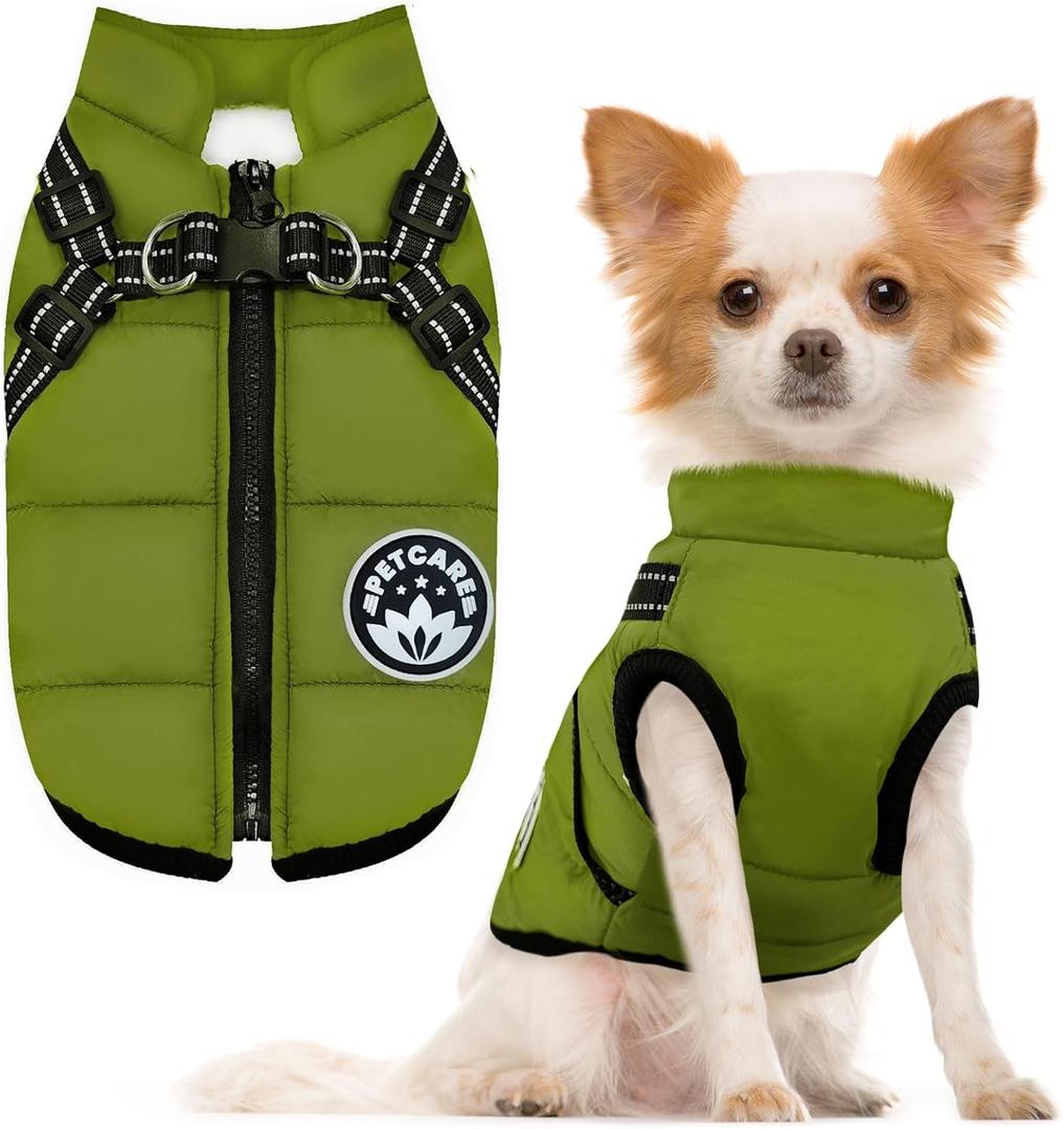 PETCARE Winter Dog Coat with Harness Built in Waterproof Dog Jackets Warm Pet Fleece Vest Windproof Snow Jacket Snowsuit Reflective Dogs Cold Weather Coats for Puppy Small Medium Large Dogs Cats (M(Chest 14.6" Suggest 4-7 lbs), Green)