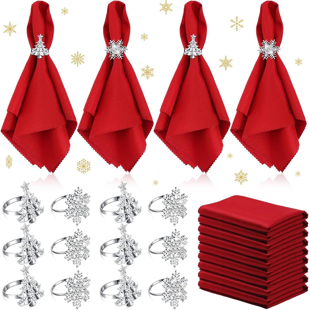 Sliner 24 Pcs Christmas Napkins and Ring Set 12 Pcs Red Washable Christmas Napkins Cloth and 12 Pcs Xmas Napkin Rings Holder for Holiday Dinner Party(Metal,Snowflake, Christmas tree)