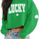 St Patrick's Day Crop Tops for Women Irish Shamrock Graphic Shirt Funny Lucky Clover Long Sleeve T-Shirt Tops XXL