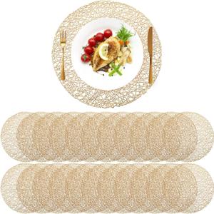 Sieral 24 Packs Gold Round Placemats 15 Inch Hollow Out Pressed Vinyl Place Mats Heat Resistant Woven Gold Placemats for Christmas Dinner Table Winter Holiday Party Wedding Centerpiece Decoration