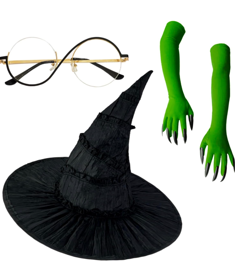 Halloween Witch Costume Set – Witch Hat, Green Claw Gloves & Glasses – 4pcs Dress-Up Kit for Cosplay & Party Fun