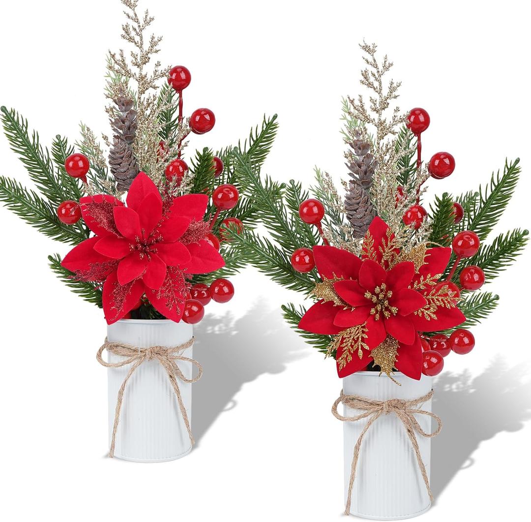 2 Pcs Christmas Centerpiece Table Decorations Christmas Floral Picks and Sprays Potted Plants with Poinsettia Berries Stems for Home Desktop Farmhouse Party Decor (14") (Red)