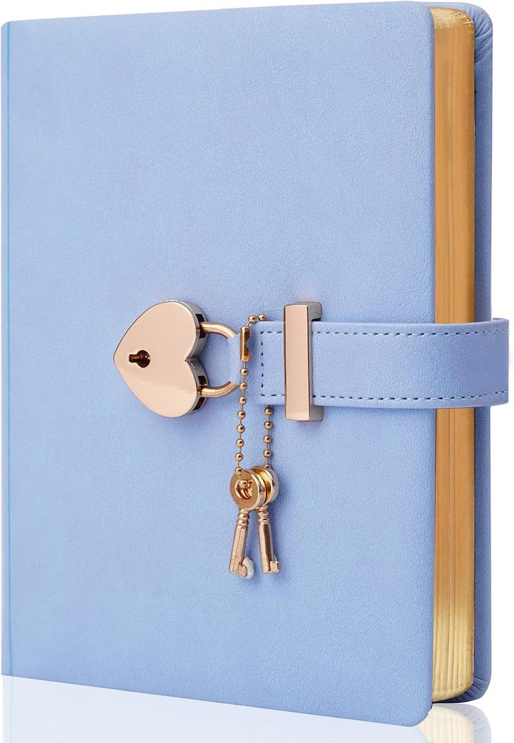 CAGIE Diary with Lock and Key for Girls Ages 8-12 Journal with Lock 296 Gold Edged Pages Heart-Shaped Locked Journal for Women Teen Girls with Gift Box, 5.3 x 7 Inch, Blue