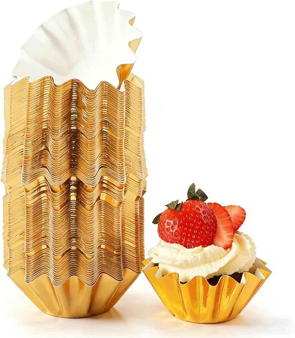 Gold Cupcake Liners,100 Count Standard Wave Muffin Wrappers Non-stick Greaseproof 210g PET Coated Paper Baking Holder for Wedding, Easter Party, No Muffin Pan Needed