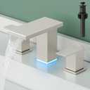 Hoimpro LED Bathroom Faucet 3 Hole Brushed Nickel Waterfall Sink Faucet 8 Inch Widespread Modern Vanity 2 Handle Wide Spread Bath Fixture Light Changing with Pop Up Drain Touch On Three Hole 3 Piece