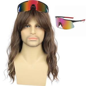 Men's Long Wavy Blonde Wig Natural Looking Synthetic Hair Wigs and Glasses for Costume Halloween Party