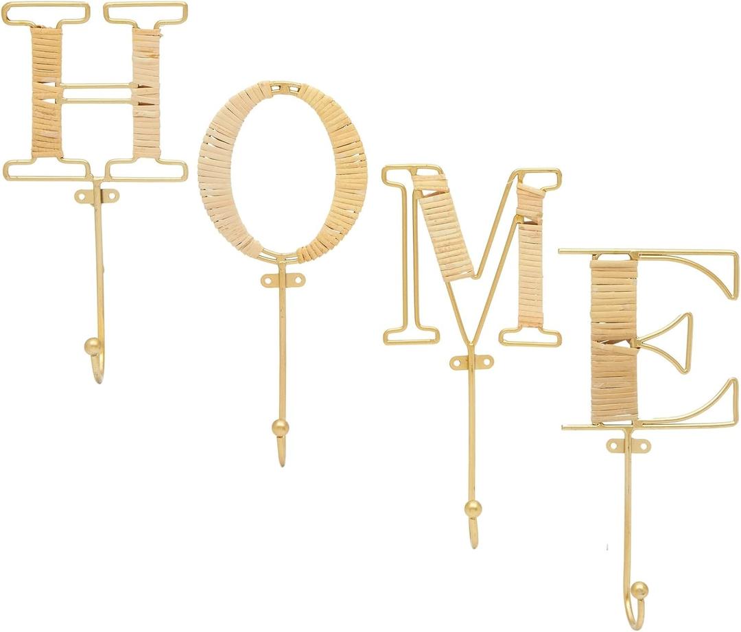 Okuna Outpost 4-Piece Key Holder Wall Mount - Hooks That Spell Home & Rattan Key Hooks - Gold Wall Mount Letter Holder - Vertical/Horizontal Mounting & Room Decor - Gold, Home Letters, 4 x 10 in