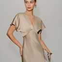 RIHOAS Midi Cocktail Dresses for Women Wedding Guest V Neck Ruffle Spring Summer A Line Formal Dress Flowy Party Gown Wedding (Beige, M)