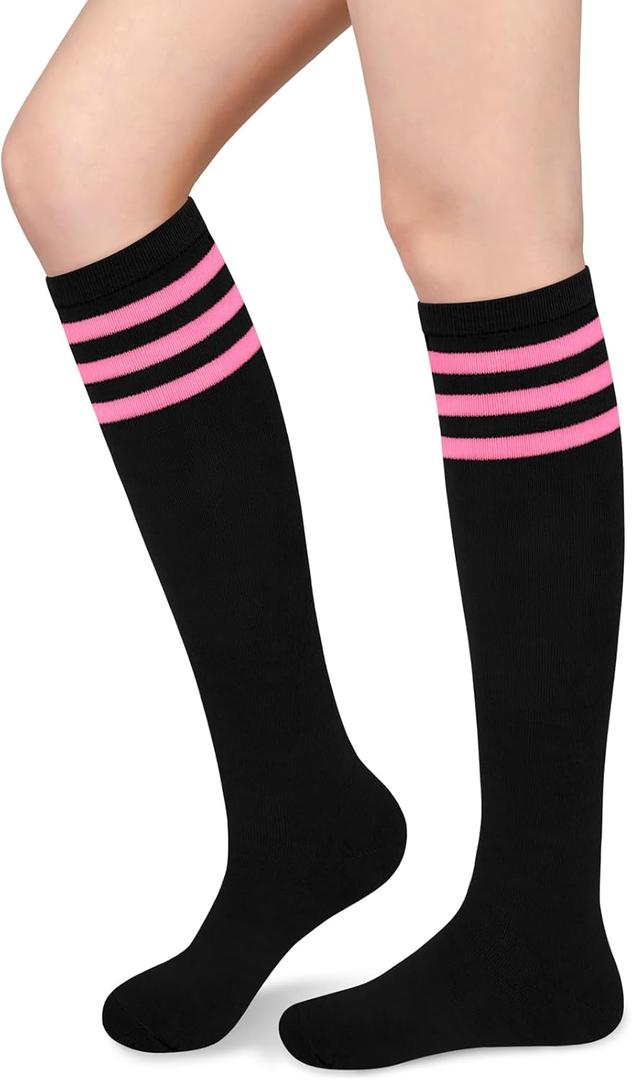 Knee High Socks for Women Knee Socks Tube Socks Womens Athletic Socks Cotton Tall Socks Long Socks Knee High Stockings (One Size, Black/Pink)