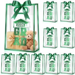 Aliceset Green 12 Pcs 2026 Clear Graduation Gift Bags Class of 2026 Grad Bags with Ribbon Die Cut Handles Plastic Graduation Gifts Wrapping for School Grad Party Decor Supplies, 7x10x3.15 Inch