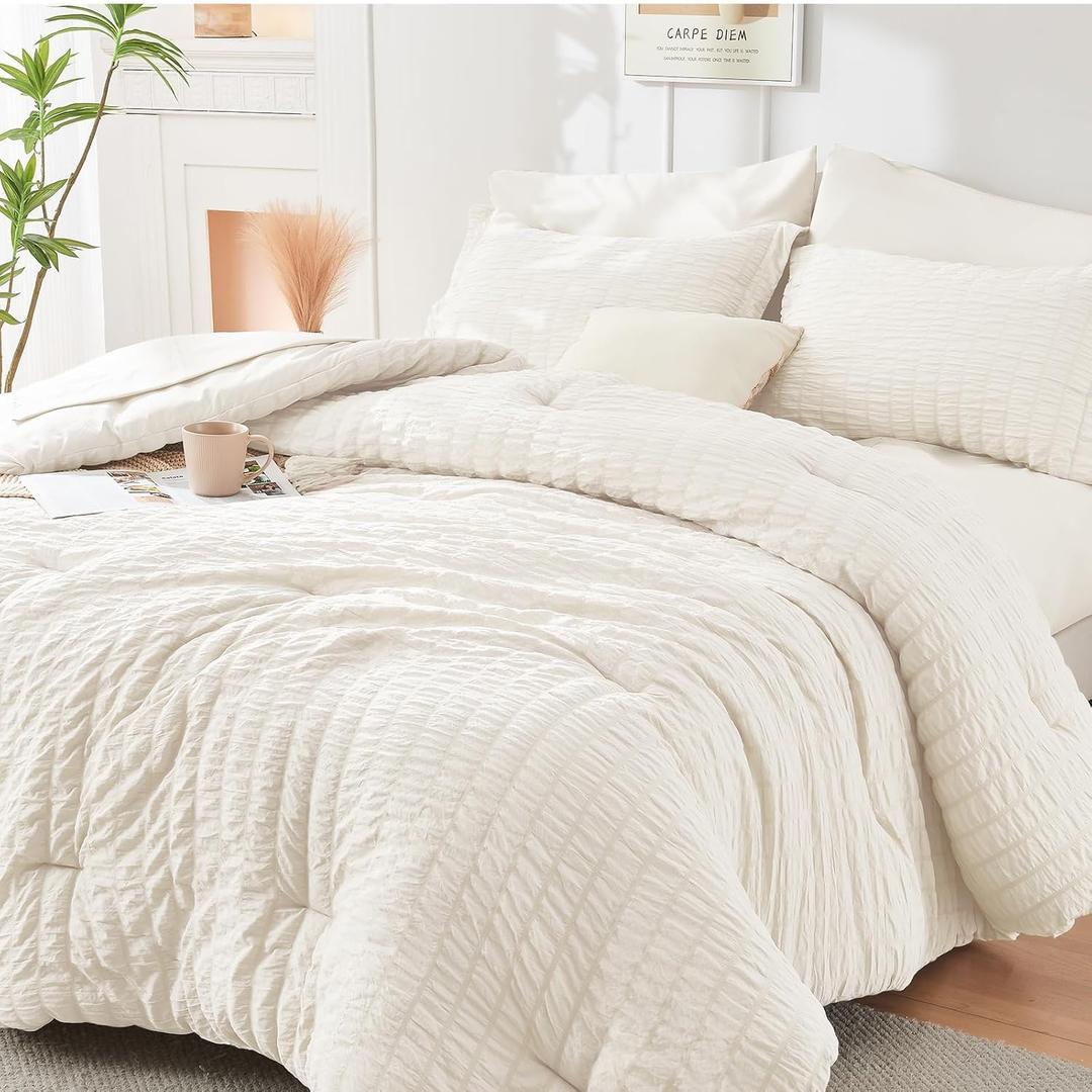 HYMOKEGE Ivory Queen Comforter Set Seersucker 7 Pieces, All Season Luxury Bed in a Bag for Bedroom, Bedding Set with Comforters, Sheets, Pillowcases & Shams