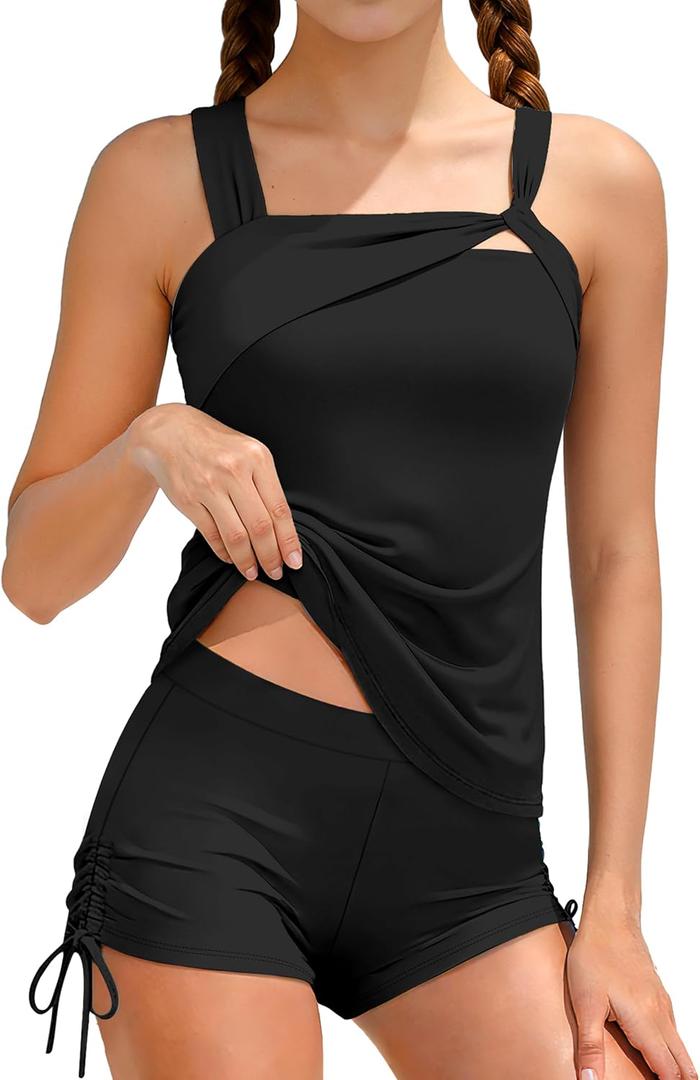 Girls Tankini Swimsuit 2 Piece Bathing Suits Square Neck Padded Tank Top and Drawstring Shorts Girls' Swimwear 15-16Y
