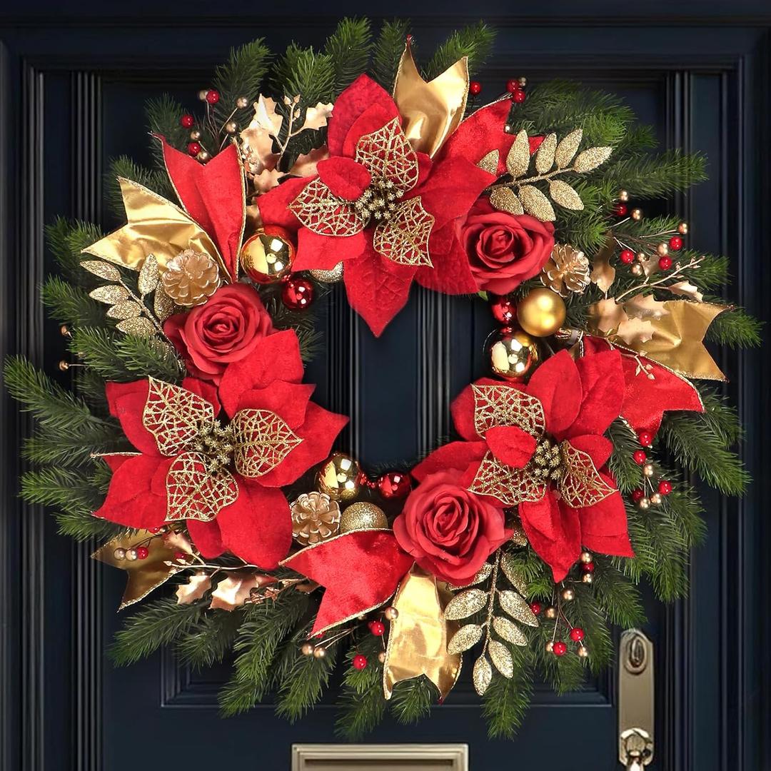 Christmas Wreaths for Front Door,Winter Wreaths for Indoor and Outdoor Christmas Decorations,Christmas Door Wreath with Red Christmas Flowers and Golden Ball,Pine Cones for Christmas Decor (24 inch)