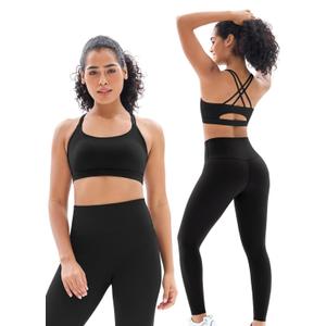 2 Piece Womens Workout Sets Strappy Criss Cross Sports Bra with Tummy Control Yoga Leggings Yoga Set, Large