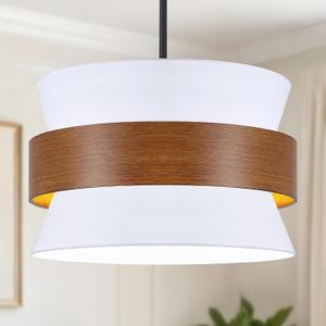 5-Lights White Drum Farmhouse Chandelier,19.68" Modern Large Fabric Light Fixture,Adjustable Rustic Metal Imitation Wood Pendant Light Fixture for Dining Room Living Room Kitchen Island Bedroom