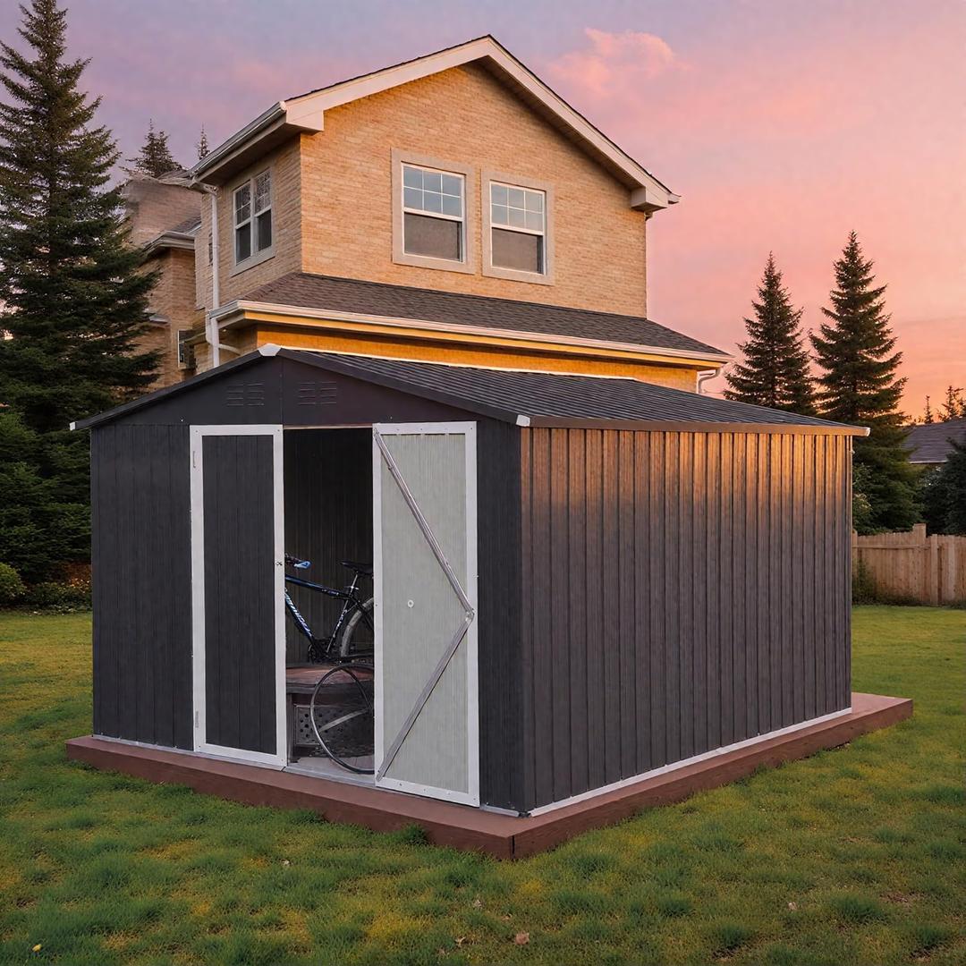 10 x 8 FT Outdoor Storage Shed, Metal Garden Tool Shed with Slooping Roof, Lockable Doors and Aluminum Frames, Easy to Assemble for Garden, Patio, Lawn, Black
