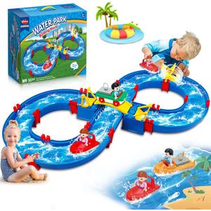 VATOS Kids Outdoor Water Table Toys, Water Park Playset 50PCS DIY Table Beach Toy on Backyard, Lawn, Pool Waterway Toy with 2 Boats, Summer Outside Activity Funs for Toddler Boys Girls Ages 4-8 3-5