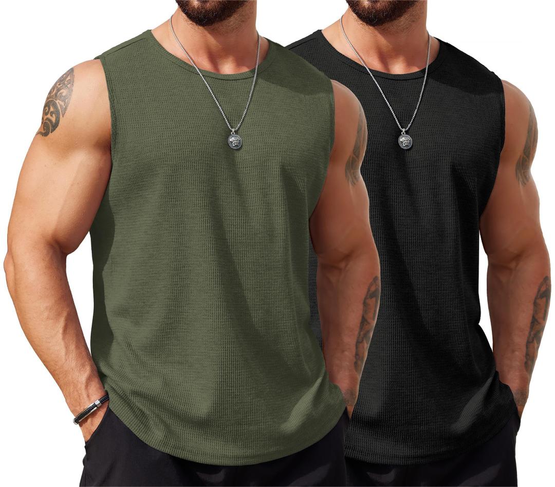COOFANDY Men Casual Sleeveless Tank Top Summer Beach T Shirts Waffle Knit Tanks Cotton Hawaiian Tank Shirt Black/Army Green (XXL)