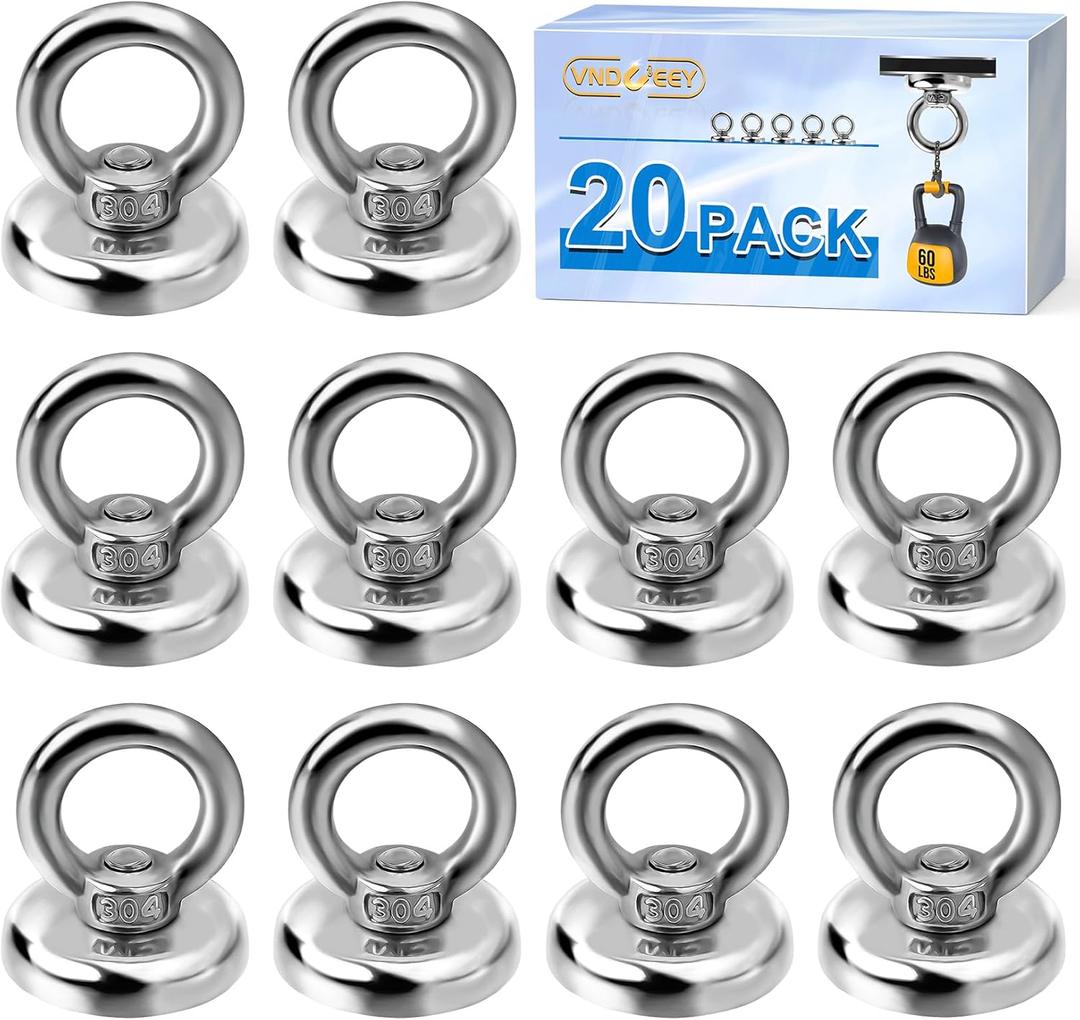 VNDUEEY Magnetic Hooks Heavy Duty 20 Pack, 60 lbs (27 KG) Pulling Force Rare Earth Magnets with Countersunk Hole Eyebolt, Neodymium Magnet Hooks for Home, Workplace, Garage, Kitchen and Office
