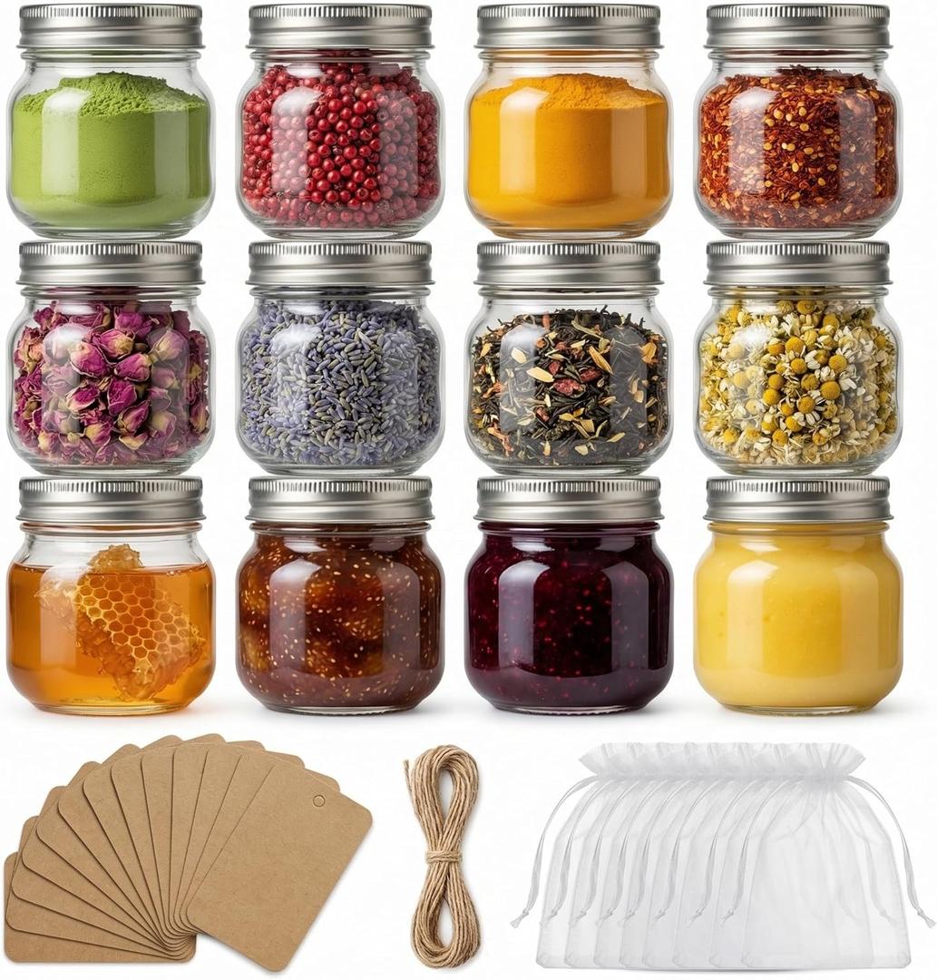 PUSKMAY 8 oz Mason Jars with Airtight Silver Lids - 12 Pack Small Glass Jars Set with Labels & Twine - Wide Mouth Canning Jars for Yogurt, Pantry Spice Organization, Homemade Jam & Honey